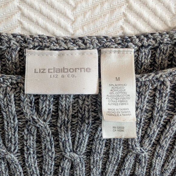 Liz Claiborne Liz & Co Vintage Grey Cable Knit Sweater Metallic Thread Medium - Picture 3 of 11